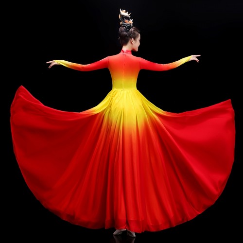 Girls Women Red with gold gradient Chinese Folk Dance Dresses Opening dance choir paso double spanish bull dance performance long swing skirt costumes for woman
